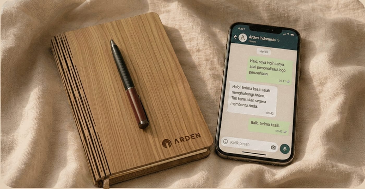 Notebook dan ponsel dengan percakapan WhatsApp Arden