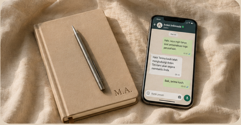 Notebook dan ponsel dengan percakapan WhatsApp Arden